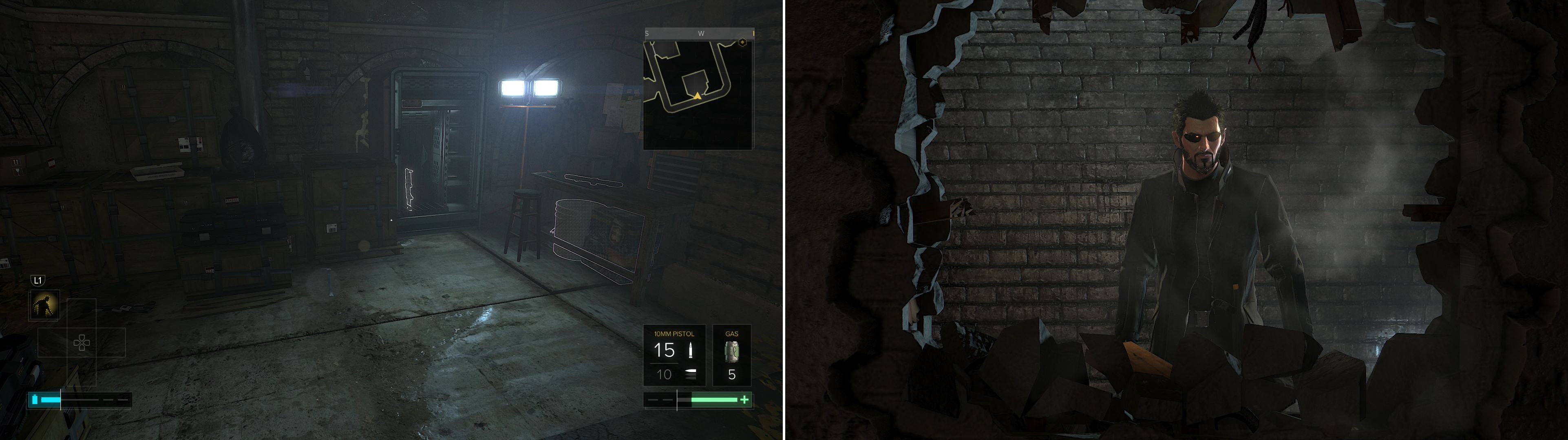 If you can hack a difficult Keypad you'll access a room full of loot (left). Further on, if you smash a hole in a wall you'll find another, somewhat less lucrative room (right).