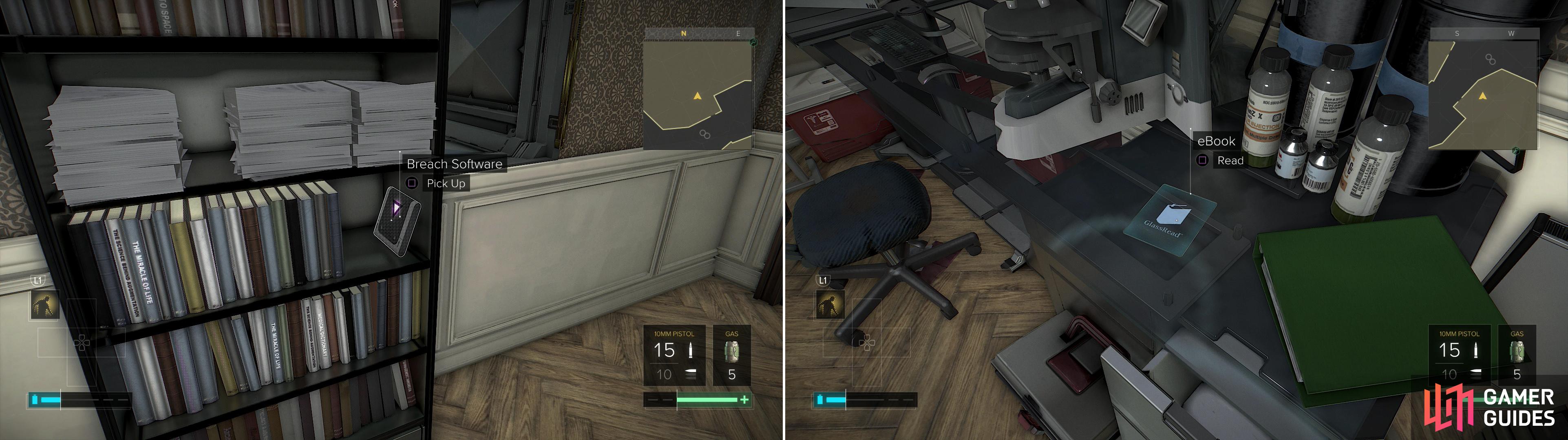 In Eugen Weisses Apartment - the apartment above the Coffee Shop - you'll find Breach Software #27 (left) and an eBook (right).