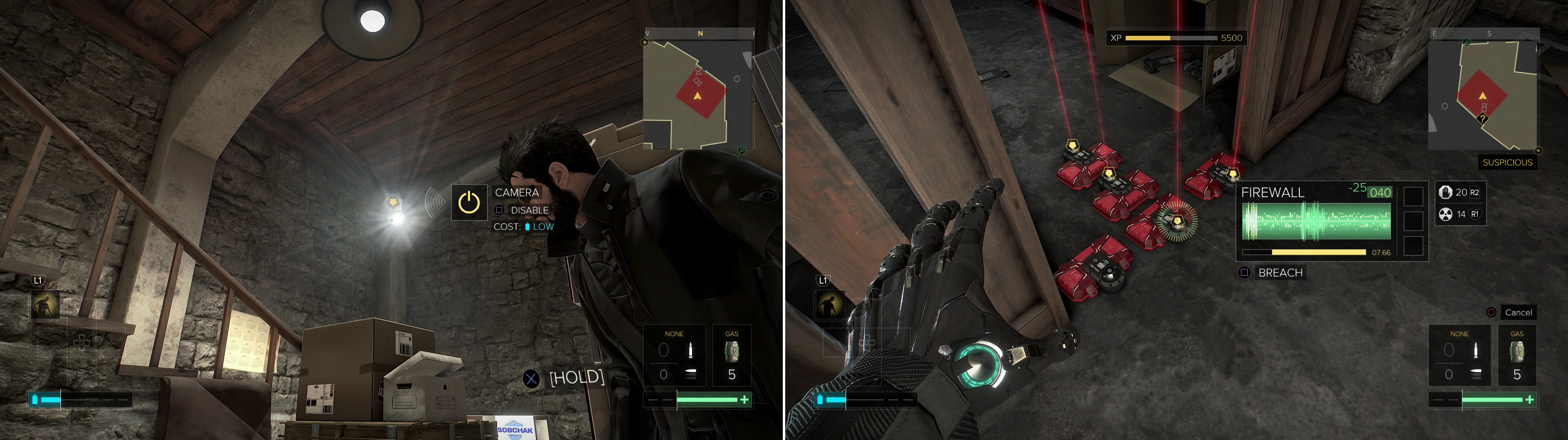 In the basement of Sobchak Security you'll need to hide from a security camera (left) and disable some Frag Lasers (right).