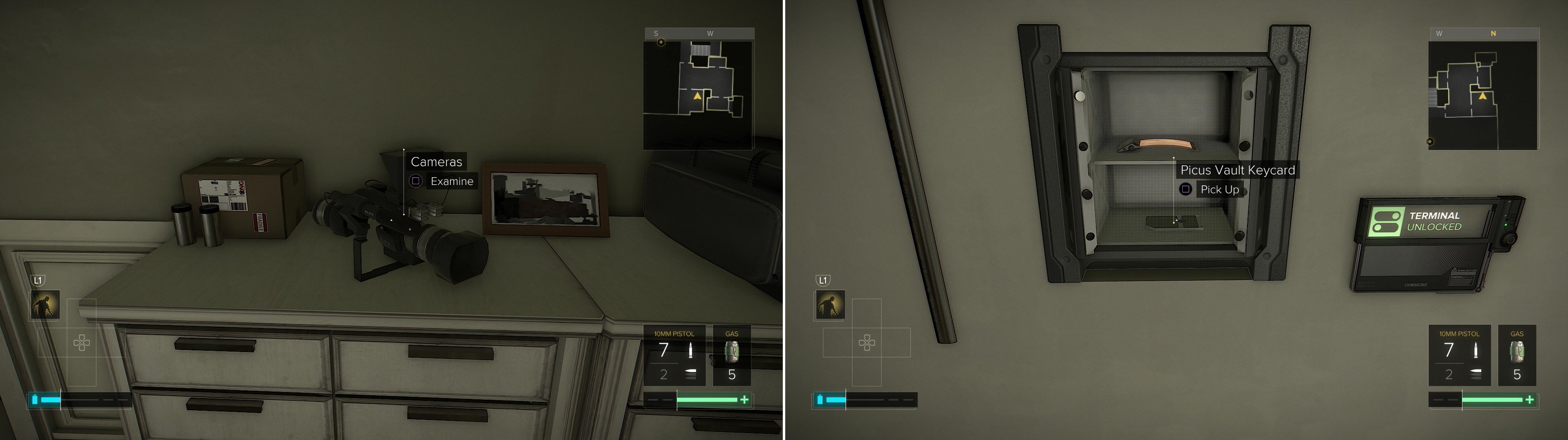 Examine a Camera (left) to reveal a safe containing the Picus Vault Keycard (right).