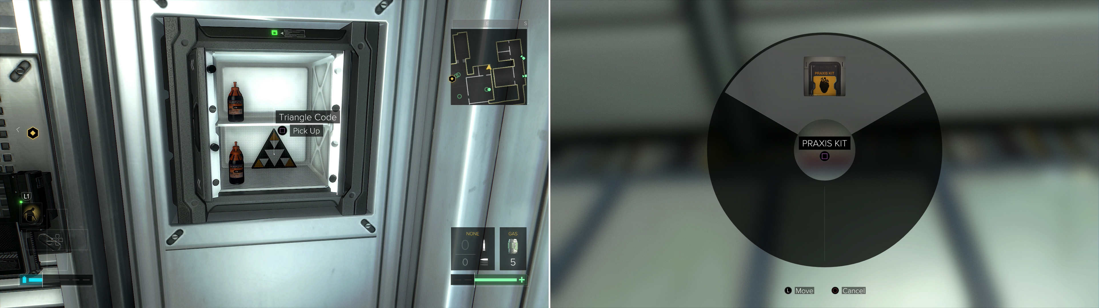 In TF29's Infirmary you can open a safe to find goodies, including Neuropozyne and Triangle Code #9 (left). You can also search a Medical Box on top of a cabinet to find a Praxis Kit (right).