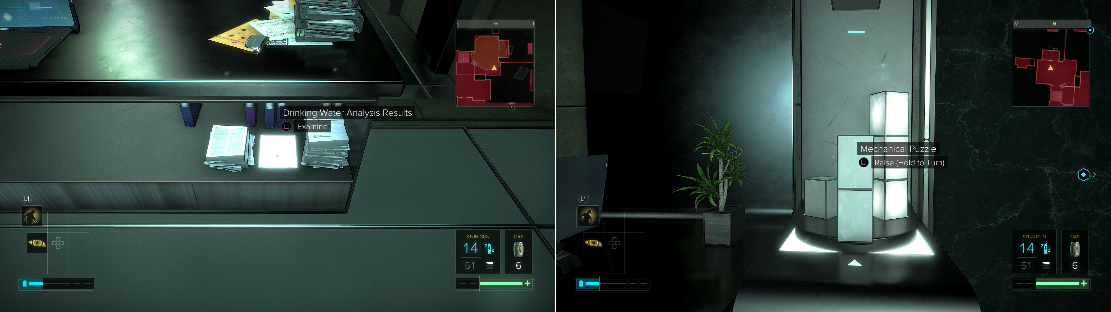 Search the CEO Offices to find the Drinking Water Analysis Results (left). Solve a Mechanical Puzzle to open up a secret room (right).