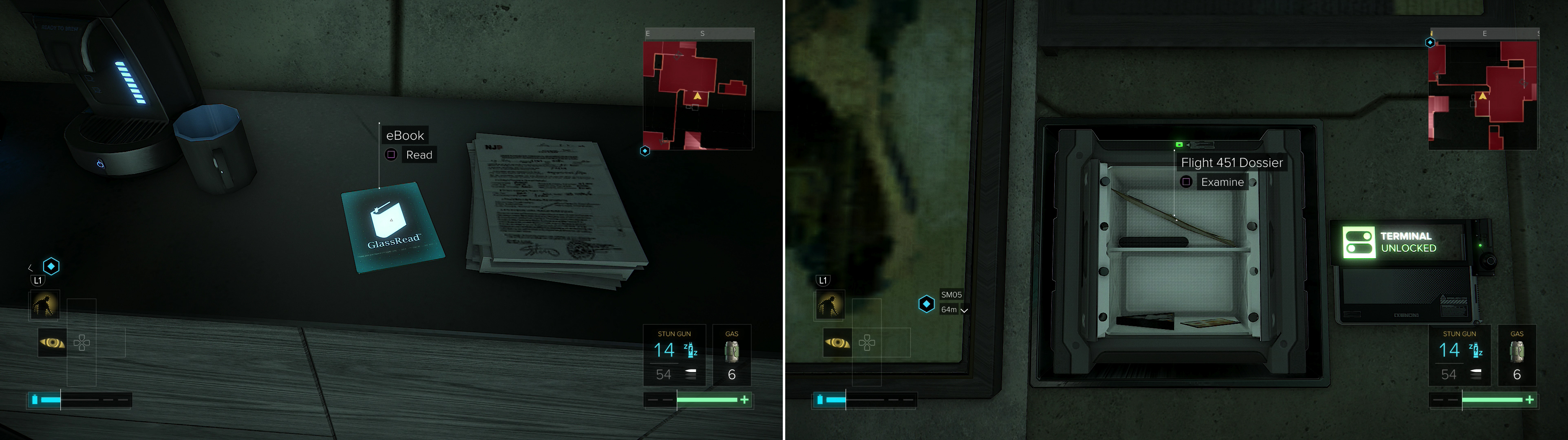 Search the secret room to find an eBook (left), then grab the Flight 451 Dossier out of a safe (right).