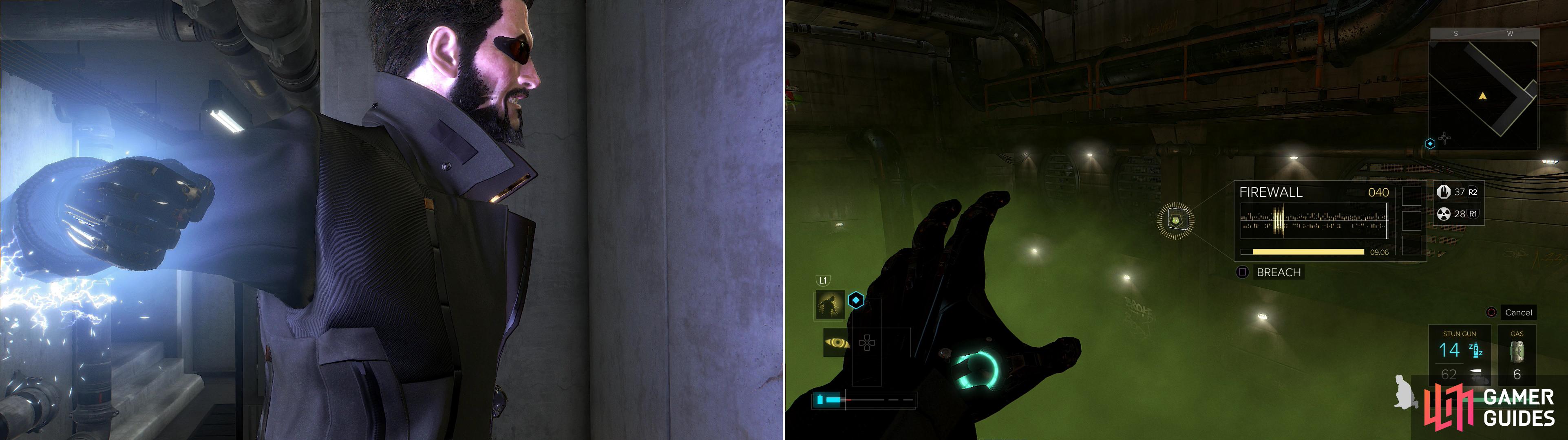 Smash through a weak section of wall to escape the Palisade Property Bank (left), then use Remote Hacking to cleanse a gas-filled chamber you must pass through to escape (right).
