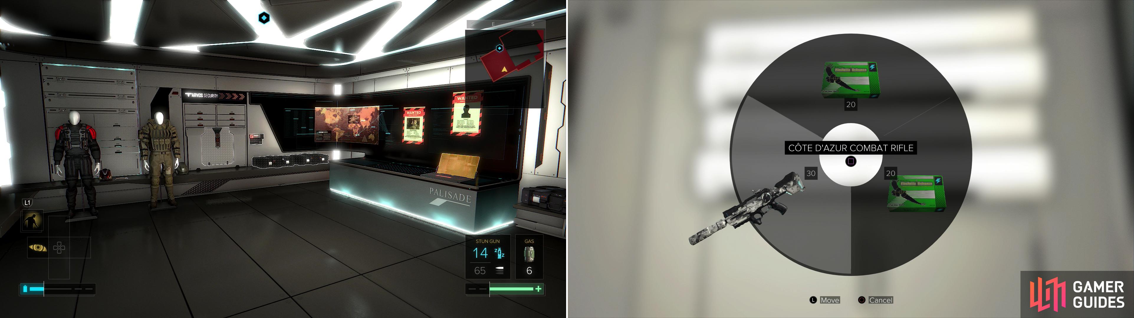 Behold, the Tarvos Security vault (left), inside of which you'll find various goodies including the Cote d'Azur Combat Rifle (right).