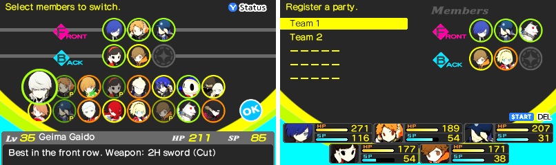 Who you want to include in your party is entirely up to you! You can also register a party so you can quickly switch between characters (right).
