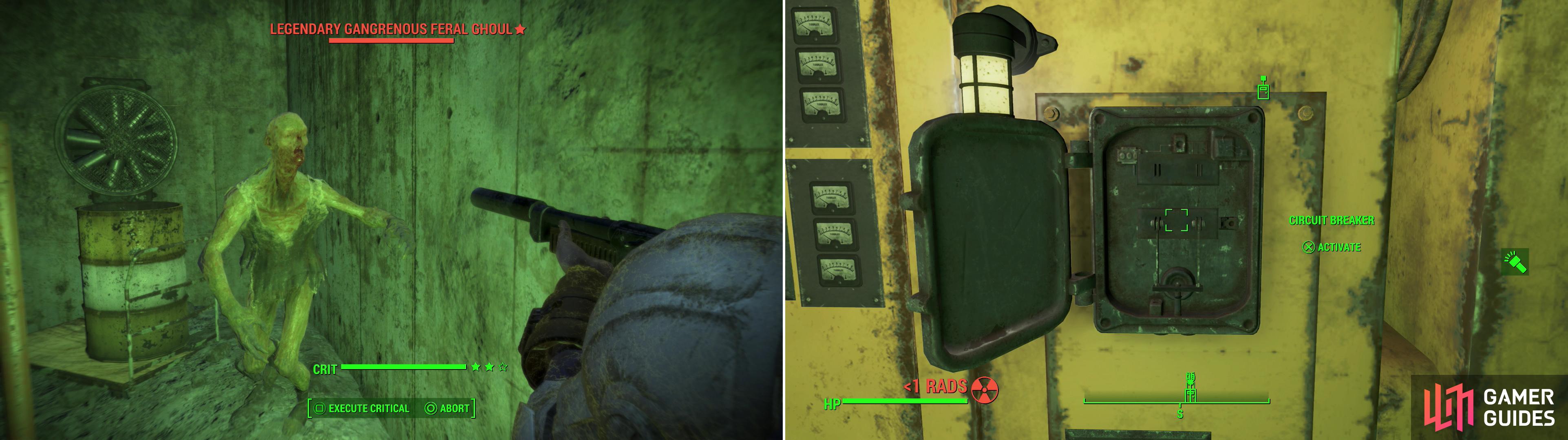 Heavily irradiated, you can of course expect to find Feral Ghouls around the Mass Fusion Containment Shed (left). Find a circuit breaker and turn off the Automated Radio Alarm (right).