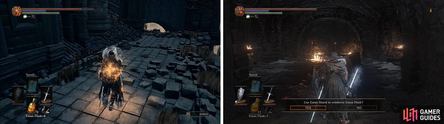 Make sure to watch your health, using Estus Flasks to heal (left). You can increase the number of Flasks by finding Estus Shards and handing them to Andre (right).