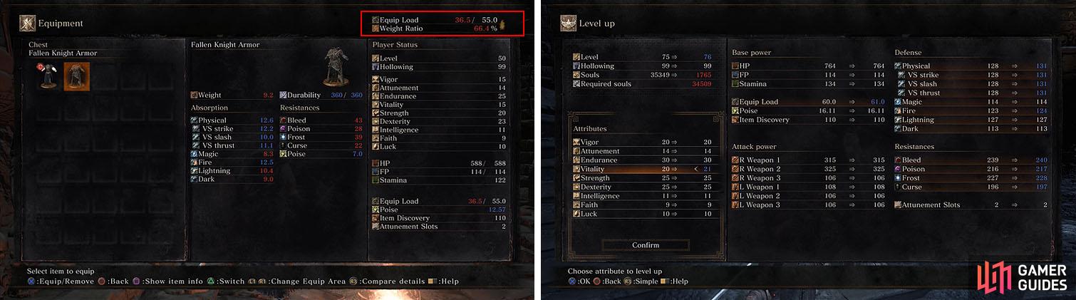 Every item you equip increases your Equip Load and Weigh Ratio (left), which you can increase by pumping stats into Vitlity (right).