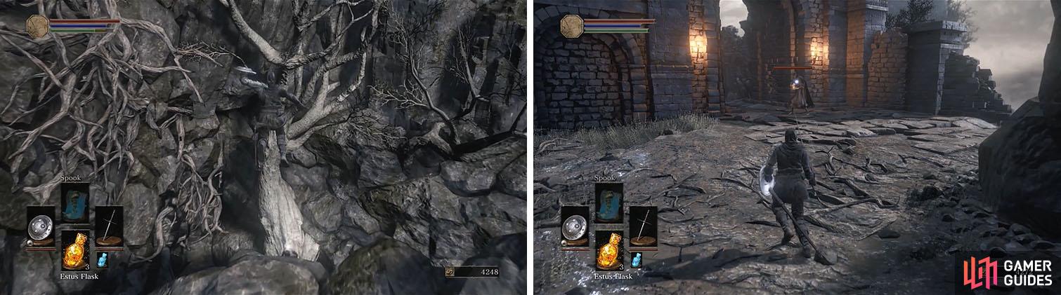 Dash and jump off the ledge near the bonfire to land on a stone coffin with an item (left) and then drop down and finish off the Grave Warden with a crossbow (right).