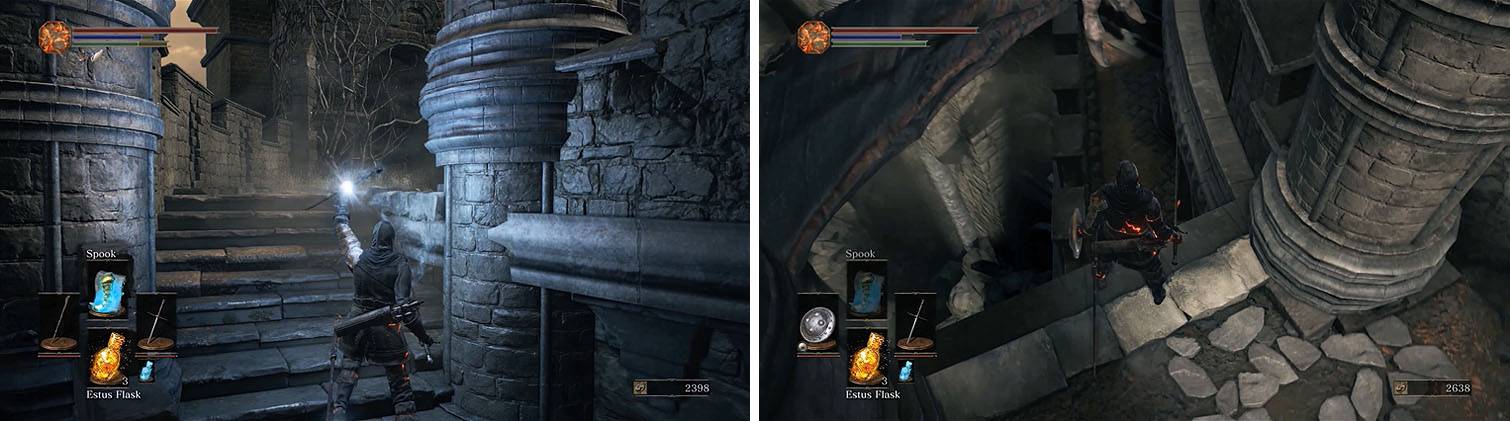 A spell like Spook will allow you to easily sneak up on the soldiers carrying lanterns (left). Make sure to check behind the dagon to find a ledge (right).