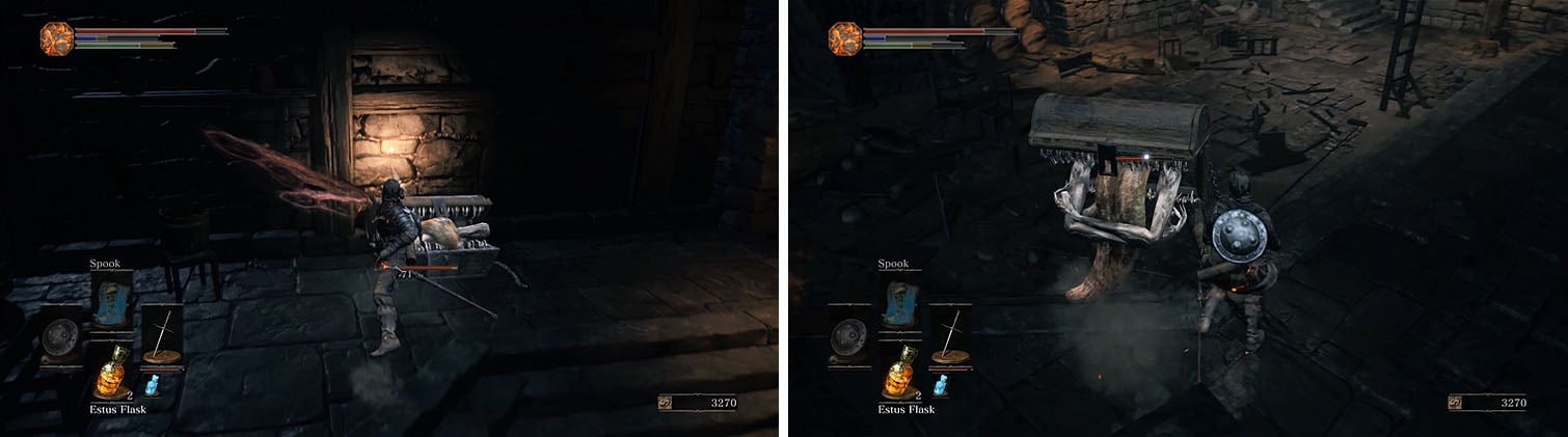 The chest ahead is a Mimic, so attack it to start the fight (left). Stay behind the Mimic and avoid his deadly bear hug at all costs (right).