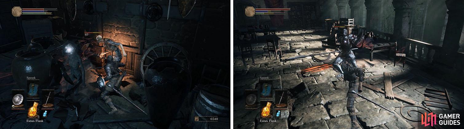 Enter the building to collect some items (left) and defeat the Lothric Knight (right).