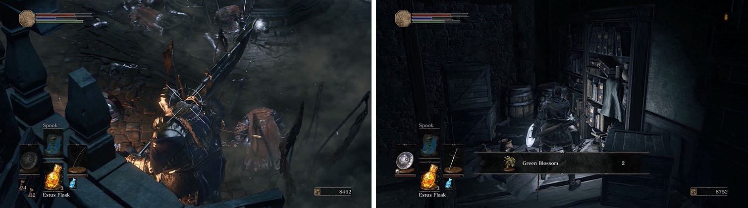 Defeat the Winged Knight (left) and then enter the hidden path at the top of the stairs, rolling through the barrels near the Green Blossoms (right).