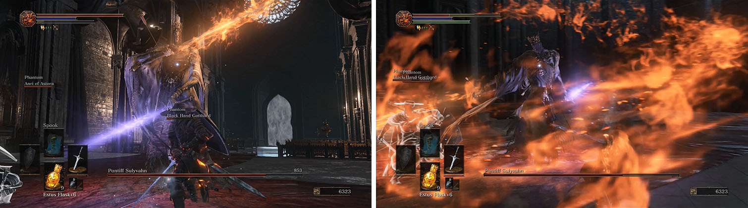 Sulyvahn duel-wields one blade of fire and another of darkness, doing sweeping attacks that have good distance.