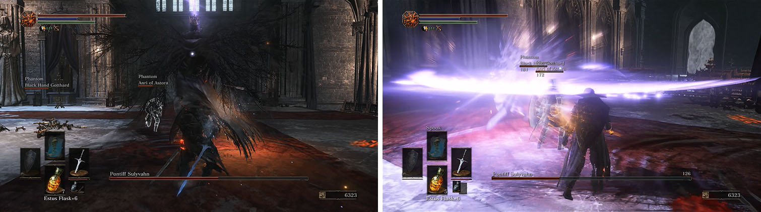 Sulyvahn raises his sword and grows black wings while summoning a clone (left). He will also gain additional skills and ranged attacks (right).