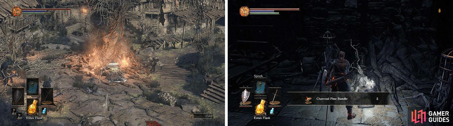 You can avoid a battle with the Cathedral Evangelist by using ranged attacks from the balcony (left). Downstairs, collect the items before heading outside (right).