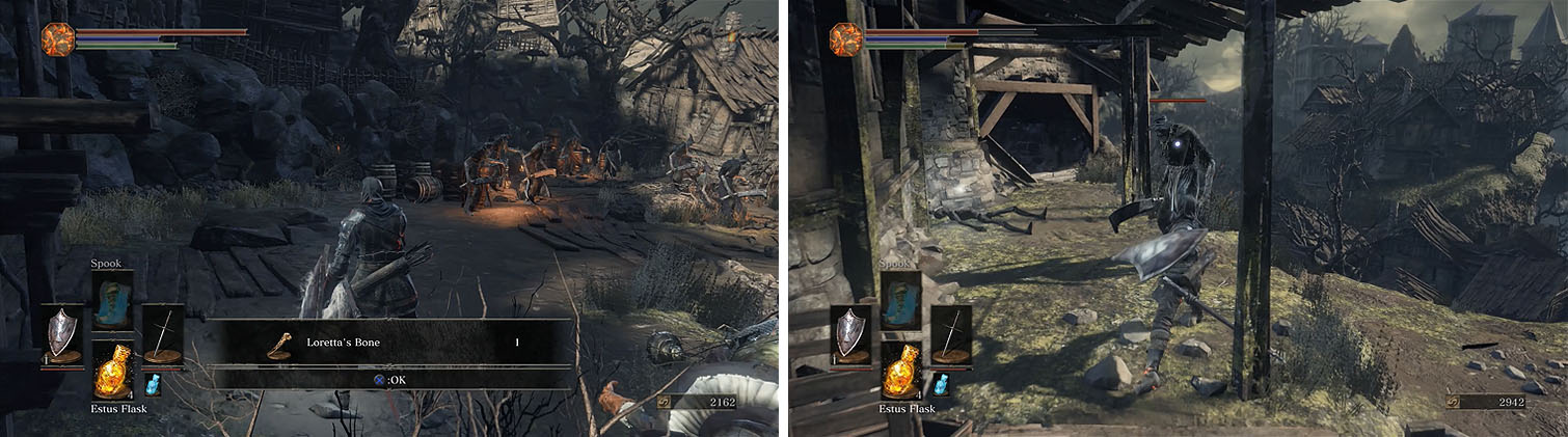 Make sure to grab the Loretta Bone, which you can give to Greirat in Firelink, and then clear out the Hollow Peasants.