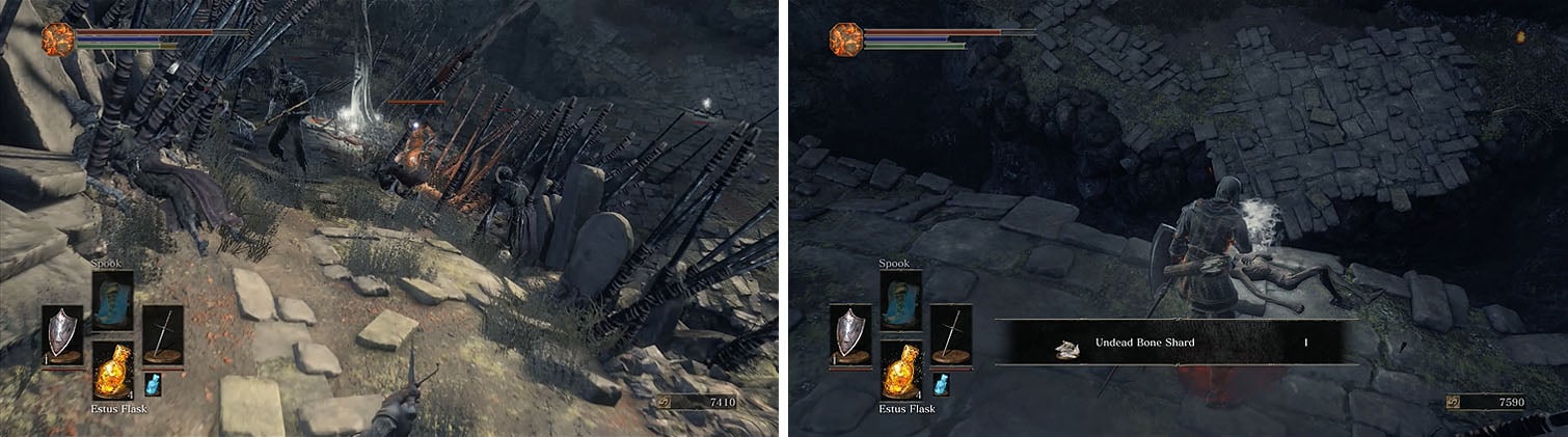 Avoid the arrows by moving constantly and make sure you're clear before you pick up the Undead Bone Shard.