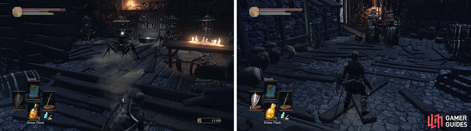 Opening the chest drops a bunch of Cage Spiders from the ceiling (left). Upstairs, decide how to take on the two Evangelists (right).