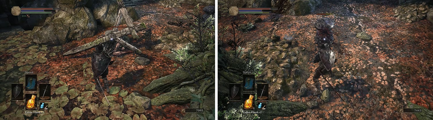 Circle behind the tree to sneak up on the Lycanthrope (left) and then kill off the reminaing enemies (right).