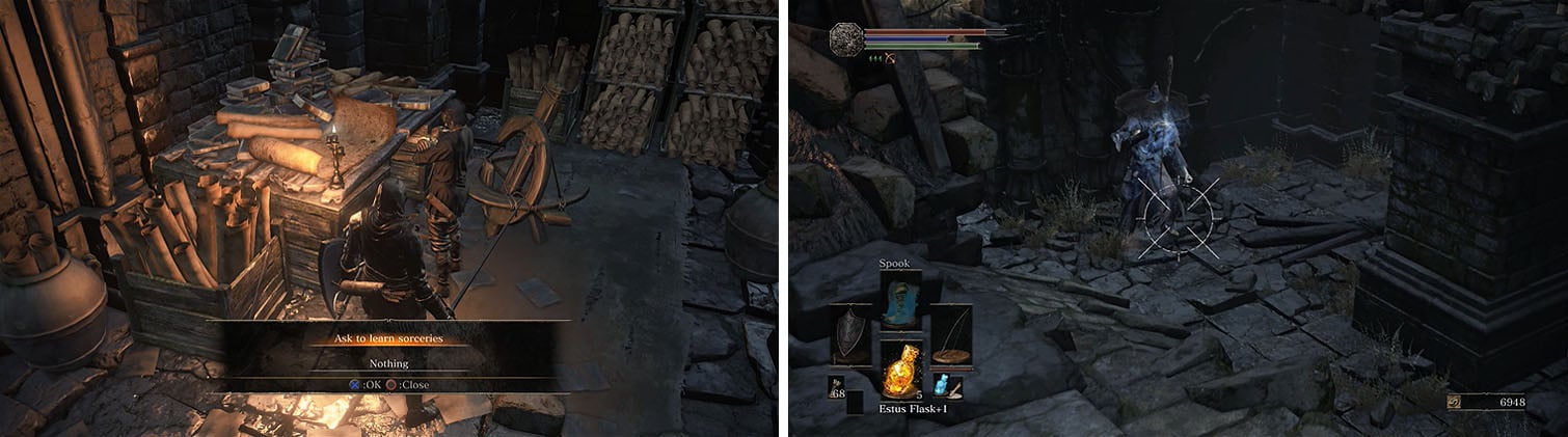 Orbeck will join Firelink Shrine if you have 10 INT and promise him scrolls (left). Downstairs, defeat the Devouts before dropping to the floor (right).