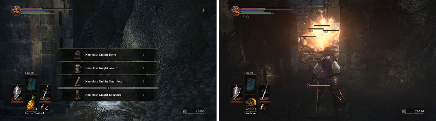 Directly across the swamp from the Nameless Armor set (left) is a circular building with an Undead Bone Shard (right).
