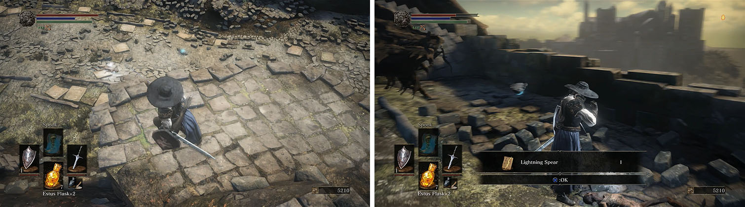 The upper ledge will allow you to get along the side of the lizards (left). Make sure to grab the Lightning Spear spell near the dragon's corpse (right).