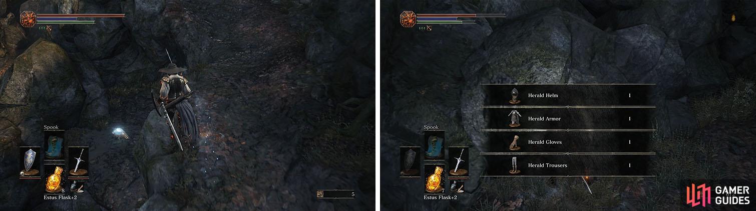 Check the side of the path for some Crystal Lizards (left) and then grab the Herald armor near the fire with an Evangelist (right).