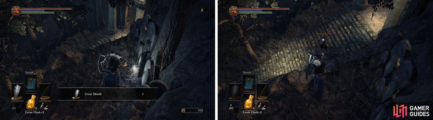Follow the detour to reach a Crest Shield on a ledge overlooking the unkindled.