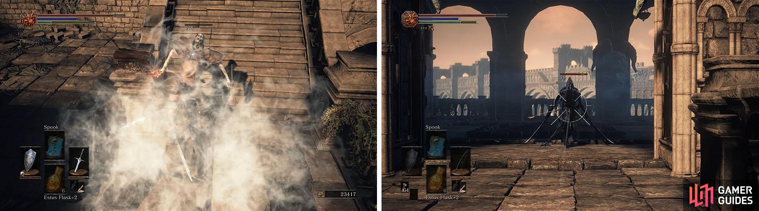 Watch out for the devout that tosses pots that disables your Estus Flasks (left) and then pull the Grave Warden from the area straight ahead (right).