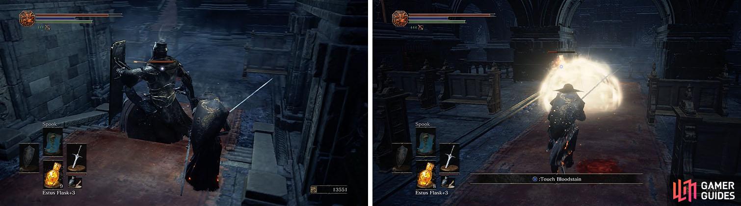Bait the Cathedral Knights into an attack, rolling around them to strike (left). Watch out for the additional damage from their buffed weapons (right).