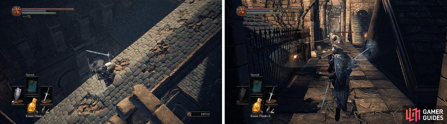 Roll off the ledge near the Deacon that drops the Deep Ring (left) and defeat the Large Devouts of the Deep and Hollow Slaves (right).