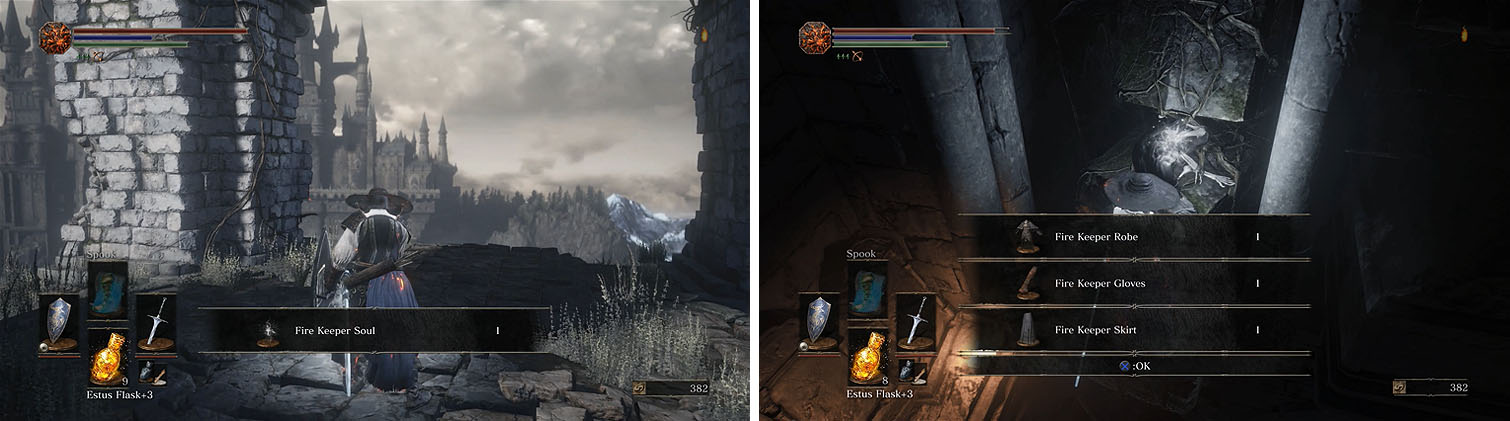 Head up the tower to find the Fire Keeper Soul (left) and then roll off the ledge inside the tower to find the Fire Keeper armor (right).