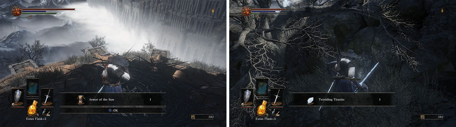 The Nestling will exchange some items for others (left). Make sure to kill the Crystal Lizard behind Firelink's rooftop for a Twinkling Titanite (right).