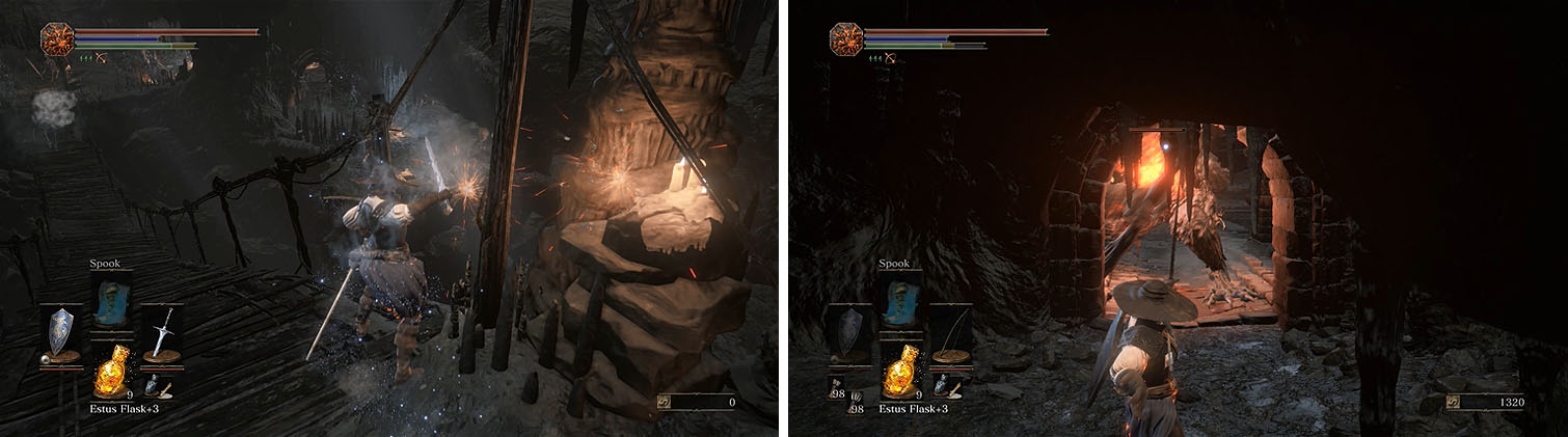 Strike the bridge near Wolnir's bonfire to create a ladder (left) and then pull the Demon back to the archway to attack him safely (right).