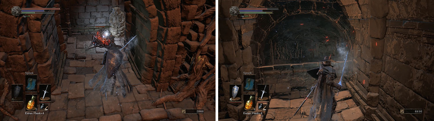 There are two enemies in the small hall near the Ember that are waiting to attack (left). Downstairs, don't forget to strike the illusionary wall (right).