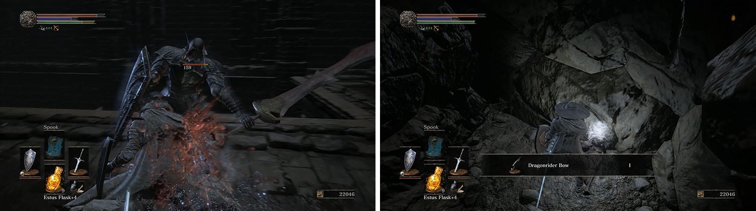If you get behind the Black Knight you can backstab him, tossing him into the lava below (left). You can then head up the ladder and drop down to find a bow (right).