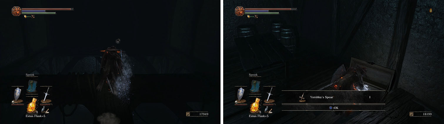 Take the ladder to the rafters and fall to the platform to find Yorshka's Spear.