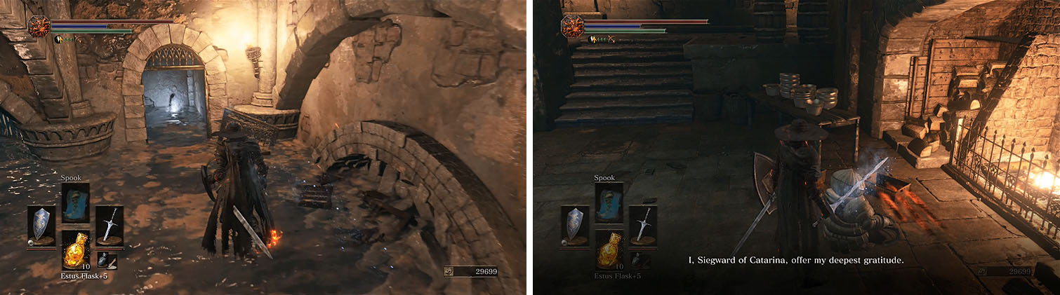 Don't miss the ashes at the base of the stairs to the kitchen (left) and make sure to exhaust Siegward's dialogue (right).
