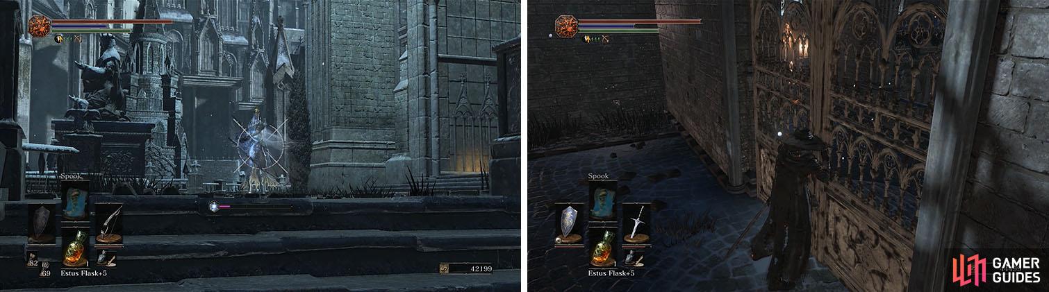 Head up the stairs to encounter some Pontiff Knights and then open the gate down the other stairs to create a shortcut.