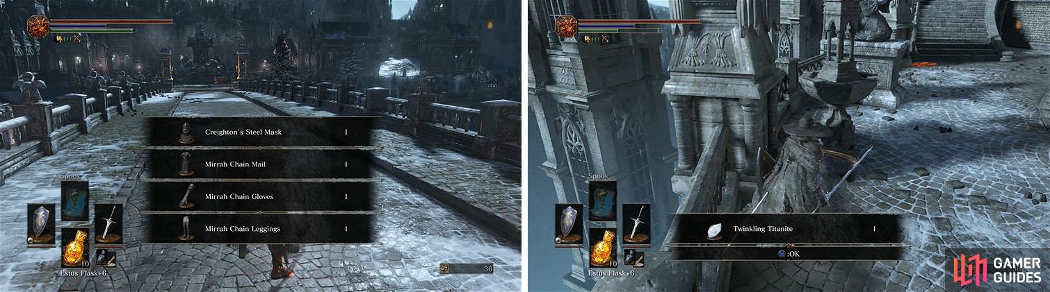 Return to the bridge to find Creighton's armor (left) and then exit Sulyvahn's boss area to kill two Crystal Lizards (right).