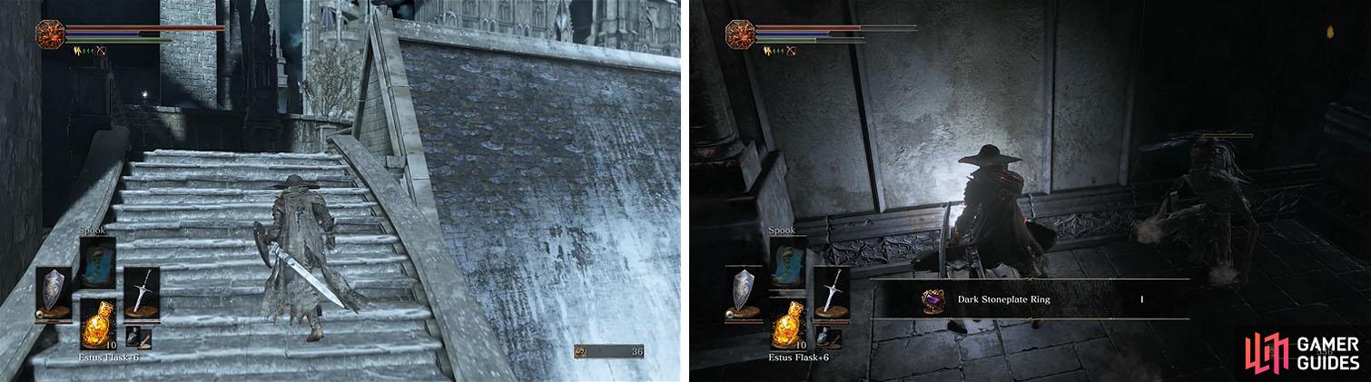 There is item hanging off the edge of the building, but you can't get it yet (left). Make sure to check the dead end for a Dark Stoneplate Ring (right).