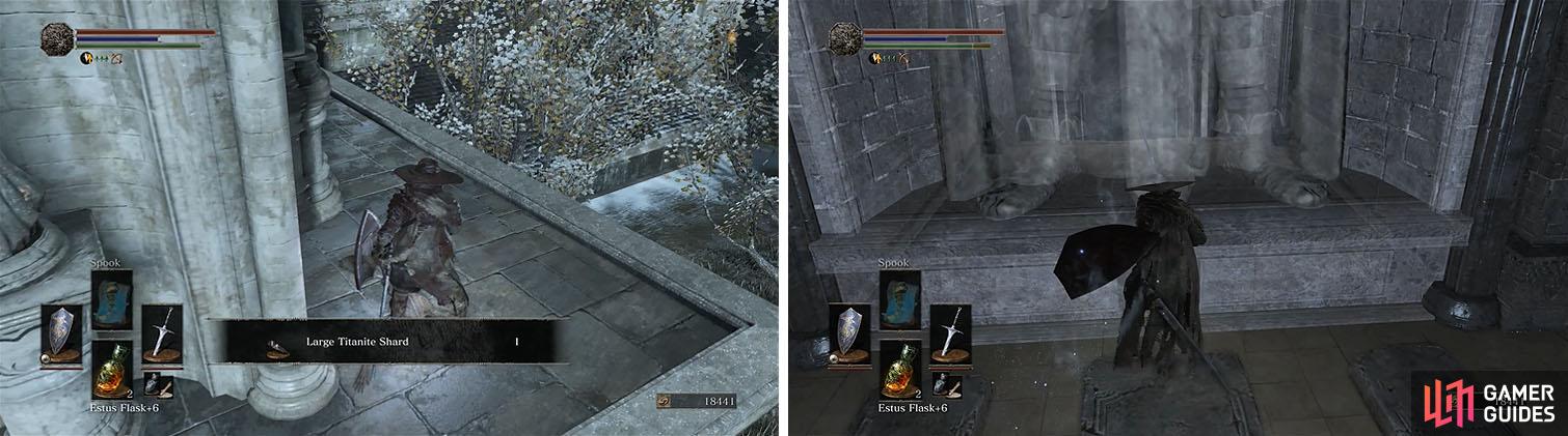 Grab the Large Titanite Shard near the shortcut (left) and make sure to reveal the hidden path to the Darkmoon Chamber (right).