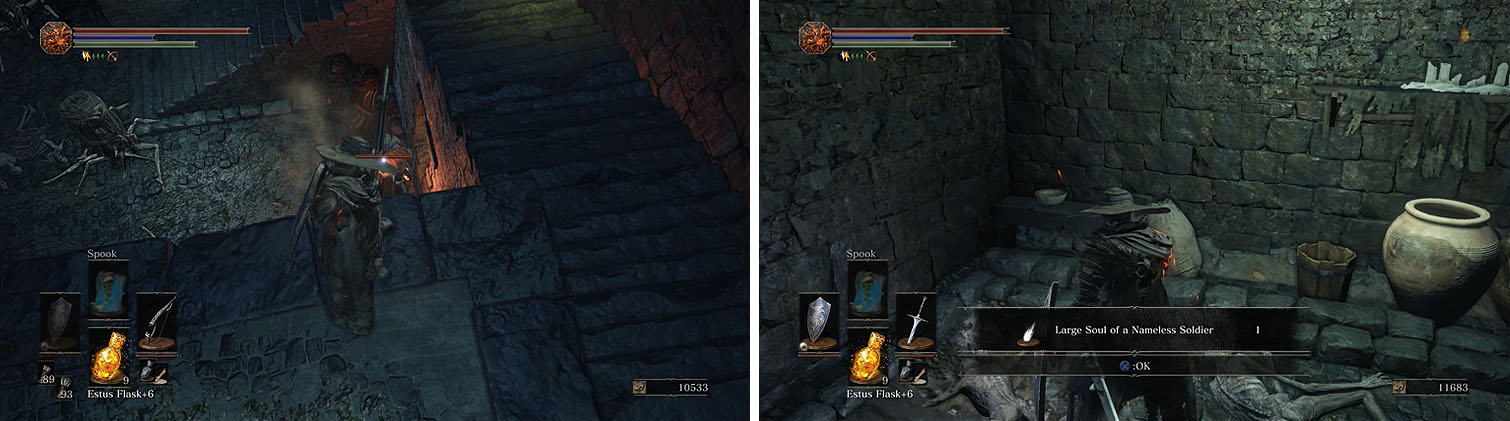 The stairs leads to an area with a Jailer and some Cage Spiders (left) and just outside to the right is a soul on the body of a corpse (right).