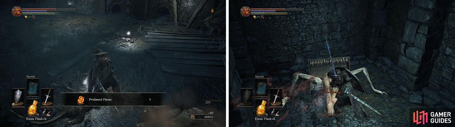 Drop into the area with Hound-rats to find multiple items (left) and then exit via the ladder near the Mimic (right).