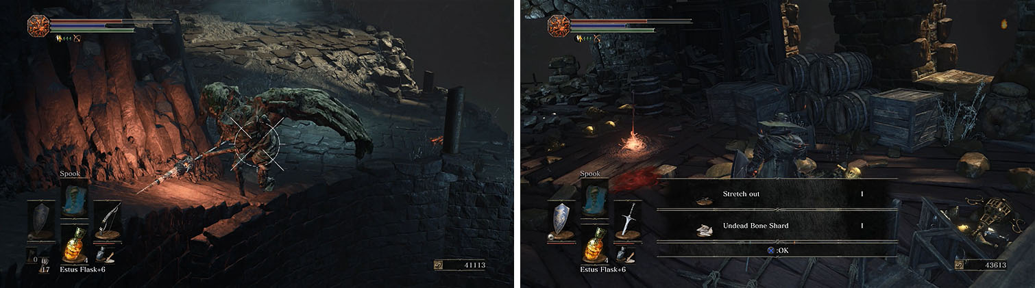 A Stone Gargoyle blocks your path to the Profaned Capital (left) and inside is an Undead Bone Shard (right).