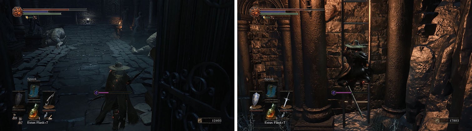 There are two more monstrosities on the first floor that you can defeat before taking the ladder on the side of the building.