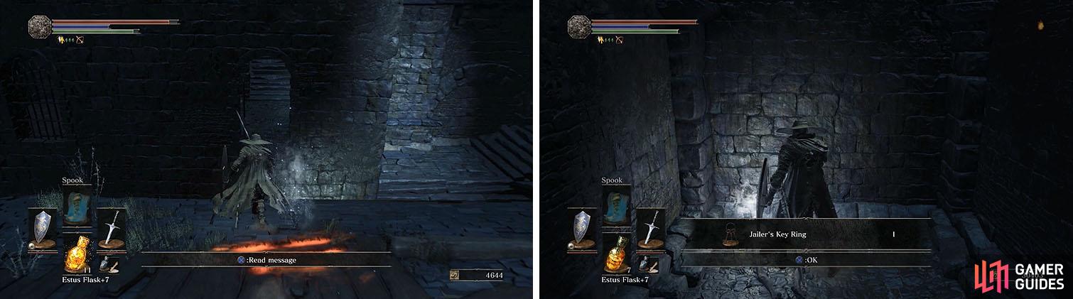 Don't miss the window that leads to Siegward (left) and the Jailer's Key Ring to release Karla in Irithyll Dungeon (right).
