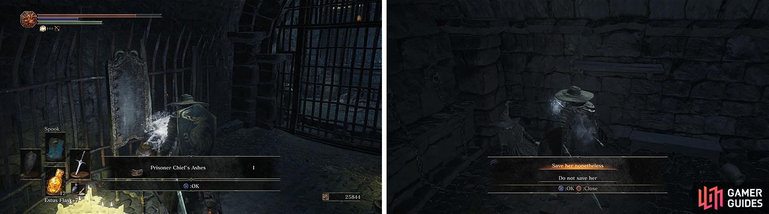 Use the Jailer's Key Ring to collect the previously inaccessible items (left) and release Karla from her cell (right).